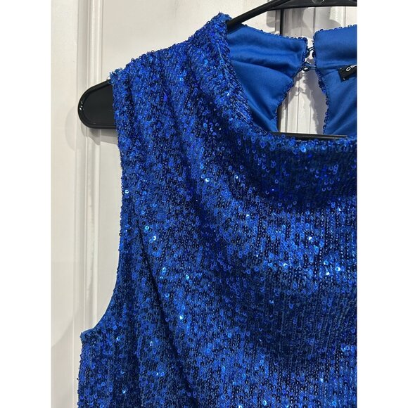 Cable & Gauge Blue Sequin Sleeveless Top High Neckline Keyhole Back Sz Large - Picture 4 of 9